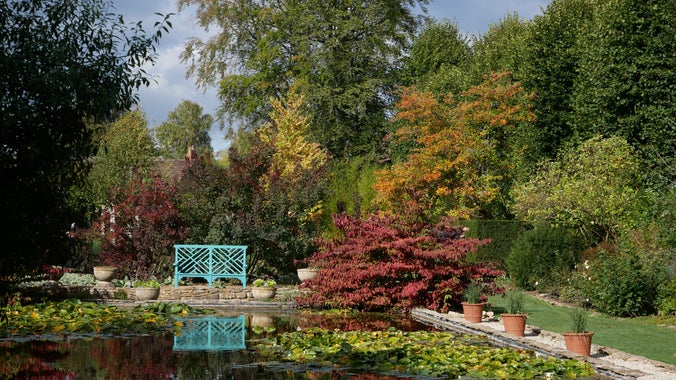 A view across a rectangular pool with a blue bench in the background, trees are in gold and brown leaf for autumn and the sun is shining.